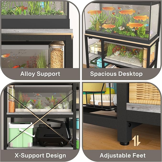 Aquarium Stand with Power Outlets,55-70 Gallon Fish Tank Stand with 3 Baskets,2 Storage Shelf , 5-Tier Heavy Duty Metal Tank Stand Suitable for Turtle Tank, Reptile Terrarium