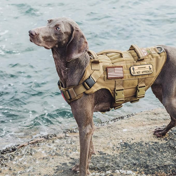 OneTigris Large Tactical Dog Harness, No Pulling Adjustable Dog Vest Harness, Heavy Duty Dog Harness with Handle, Large Hook and Loop Panels for Patch Brown