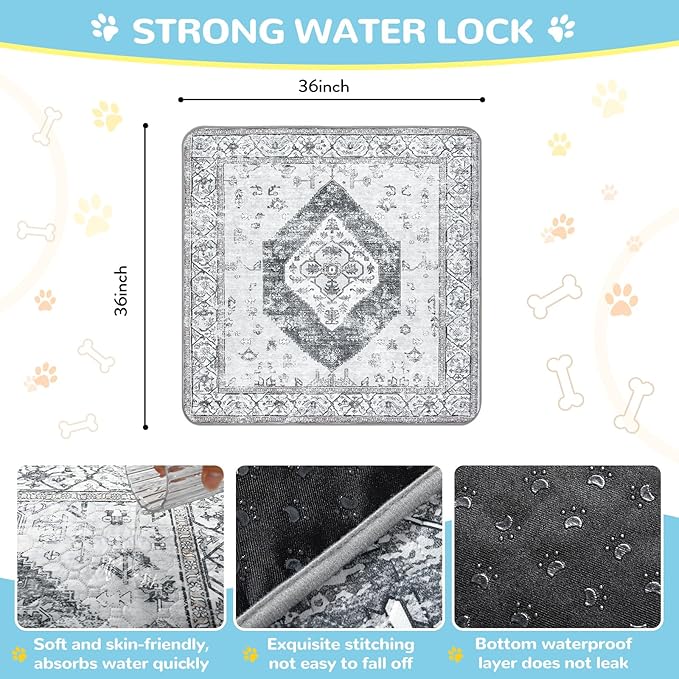 Lahome Super Absorbent Washable Pee Pads for Dogs - Secure Floor Protection - Non-Slip, Leakproof Reusable Pads for Training, Crates & Playpens (2 Pack, 36"x36", Gray)