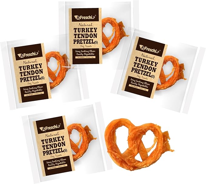 AFreschi Natural Turkey Tendon Pretzel (S) Pack of 4, Dog Treats for Signature Series, All Natural Human Grade Puppy Chew, USA-Sourced Turkey Tendon, Hypoallergenic, Rawhide Alternative