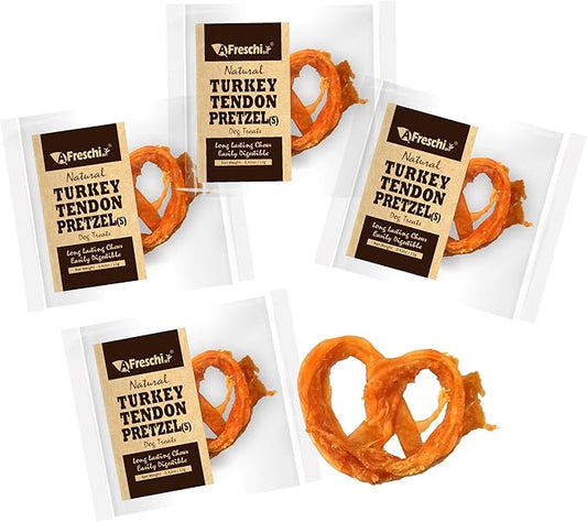 AFreschi Natural Turkey Tendon Pretzel (S) Pack of 4, Dog Treats for Signature Series, All Natural Human Grade Puppy Chew, USA-Sourced Turkey Tendon, Hypoallergenic, Rawhide Alternative