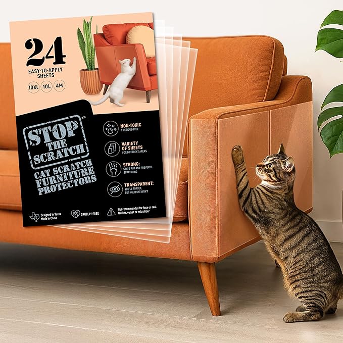 Cat Scratch Deterrent Tape – 24 XL Clear Double-Sided Sticky Sheets to Protect Furniture from Cats – Pet-Safe, Transparent Anti-Scratch Adhesive for Couch, Sofa, Doors & More