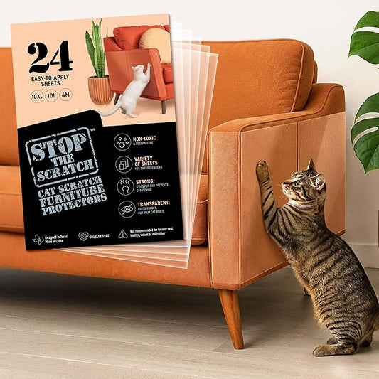 Cat Scratch Deterrent Tape – 24 XL Clear Double-Sided Sticky Sheets to Protect Furniture from Cats – Pet-Safe, Transparent Anti-Scratch Adhesive for Couch, Sofa, Doors & More