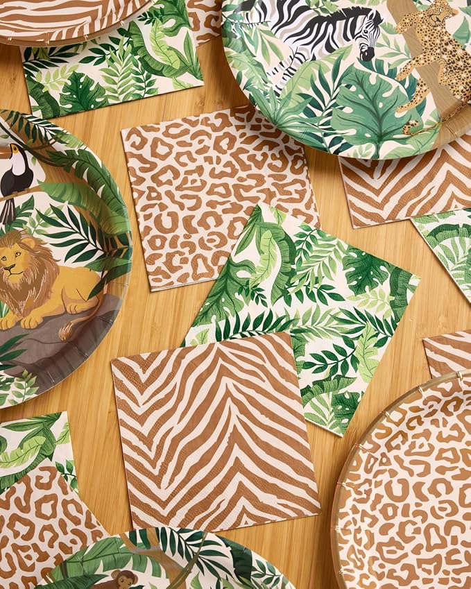 xo, Fetti Animal Print Safari Napkins - 3-ply, 24 pcs | Jungle Cocktail Napkins, Zoo Dinner Party Setting, Kids Wild Birthday Decoration, Rainforest Tablescape