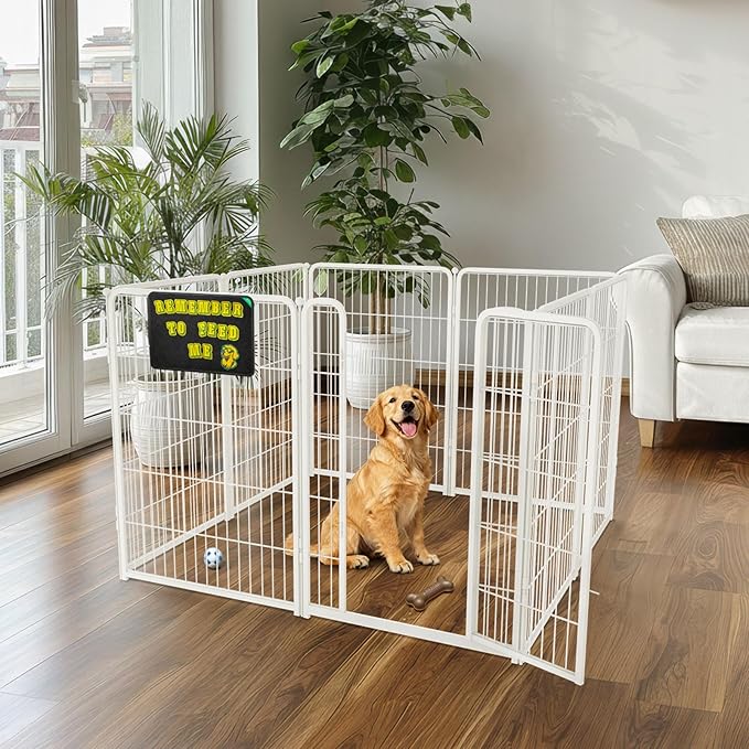 FXW Homeplus Unleashed Indoor Dog Playpen - Stress-Free and Safe Play, Heavy Duty 40 Inch 8 Panels with Magnetic Hook & Loop Patch Board for Medium and Large Dogs, White│Patented