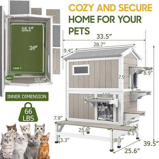 Outdoor Cat House Weatherproof with Balcony Outside Wooden Feral Cat Shelter with 3 Jumping Platforms and Openable Asphalt Roof for Cats and Small Animals