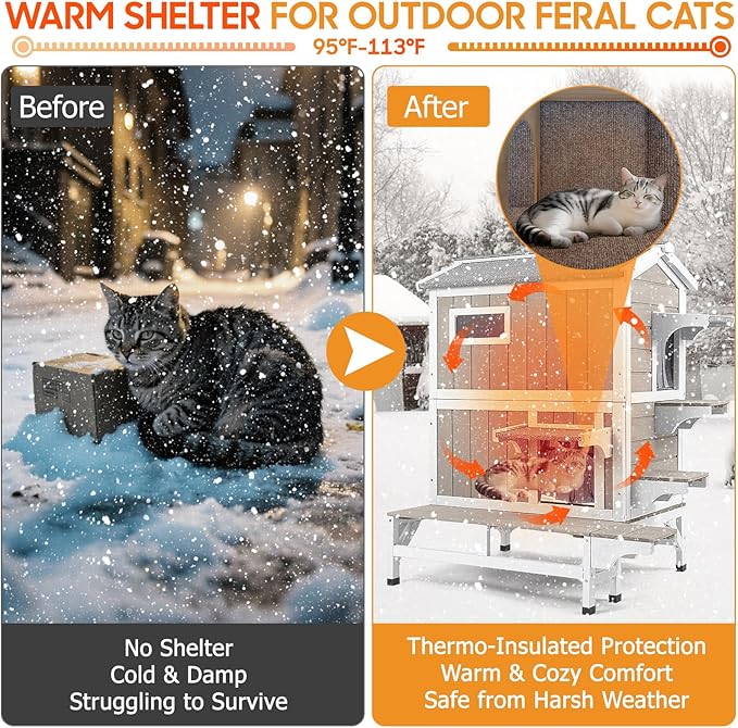 Insulated Cat House Outdoor Weatherproof with Balcony All-Round Insulation Outside Wooden Feral Cat Shelter for Winter with 3 Jumping Platforms and Openable Roof for Cats and Small Animals