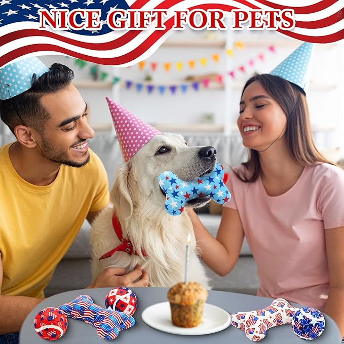 6 Pcs 4th of July Dog Toys Patriotic Day Puppy Tennis Balls and Squeaky Bone Plush Red White and Blue Pet Toys for Small Medium Large Dog Plush Chew Training Toss Balls Gift