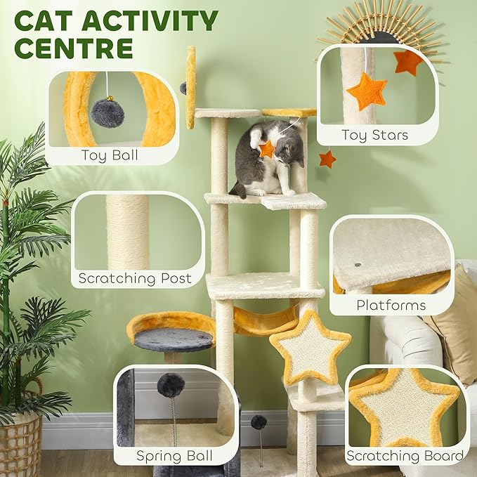 PawHut Cat Tower, 63 Inch Tree for Large Adult Indoor Cats with Scratching Post, Hammock, Condo, Bed, Scratching Board & Toys, Moon and Star Themed Cat Tree Tower, Beige