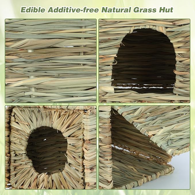 BWOGUE Bunny Grass House Natural Seagrass Bed Hideaway Toy Rabbit Hideout Hay Mat Chew Toys Guinea Pig Comfortable Hut for Bunny Hamster Chinchilla Small Animals