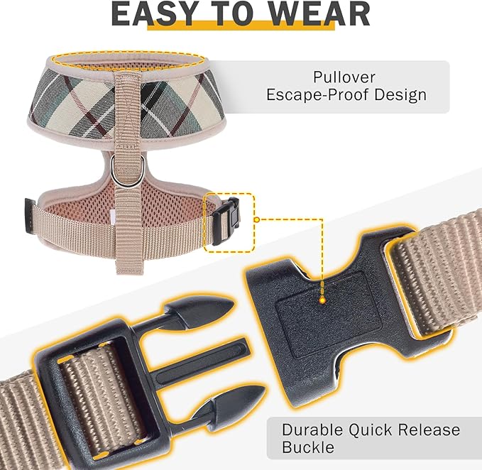 SCENEREAL No Pull Small Dog Harness Collar and Leash Set, Soft Mesh Step in Plaid Puppy Harnesses for Fall Winter, No Chock Adjustible Pet Vest for Outdoor Walking Training and Running, Beige S