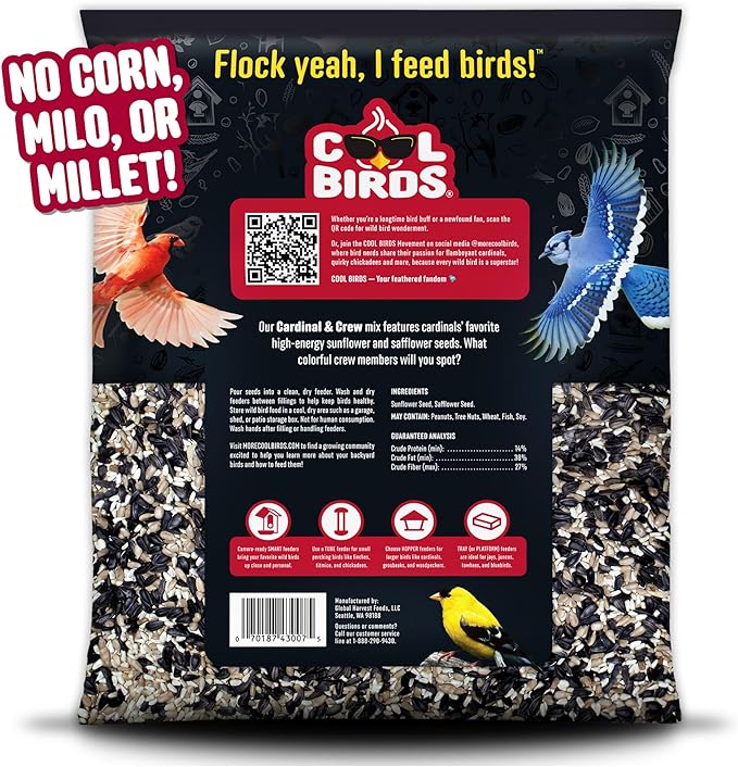 Cardinal & Crew Wild Bird Seed – 10 lb. Black Oil Sunflower, Sunflower Hearts & Safflower Blend for Cardinals, Grosbeaks & Chickadees – Bird Food for Outside Feeders