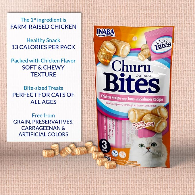 Inaba Churu Bites for Cats, Soft Baked Chicken Churu Filled Cat Treats with Vitamin E, 0.35 Ounces Each Tube, 24 Tubes Total (3 per Pack), Tuna Recipe