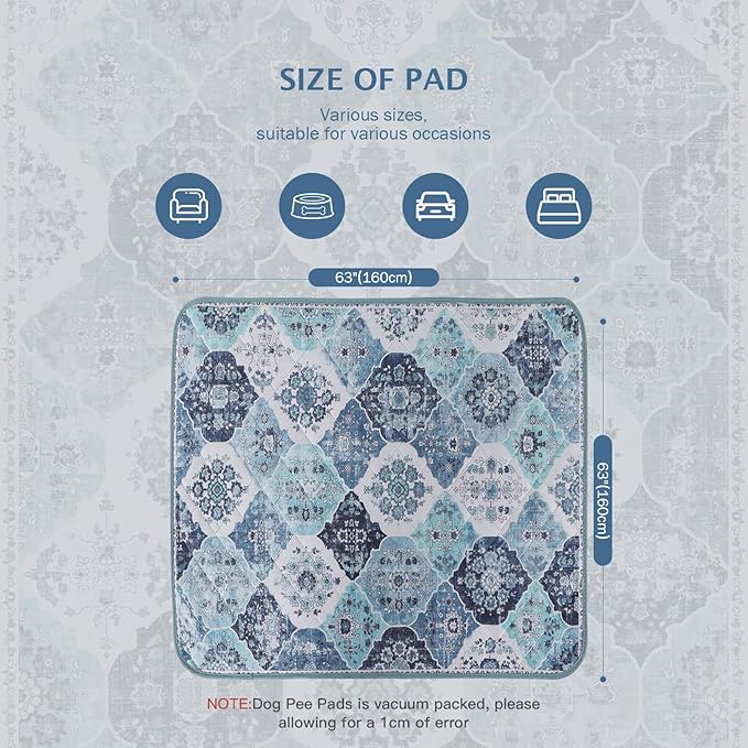 IEUUMLER Washable Pee Pads for Dogs, 1 Pack Reusable Pee Pads for Dogs Non-Slip Grip, Super Absorbent Waterproof Puppy Pads for Potty Training, Playpen, Crate, Whelping Box EU011 (Blue,63" x 63")