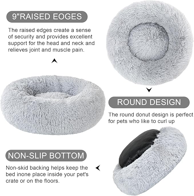 Dog Bed Calming Beds for Small Medium Dogs - Round Donut Washable Dog Bed, Anti-Slip Faux Fur Fluffy Donut Cuddler Anxiety Cat Bed(Light Grey 24")