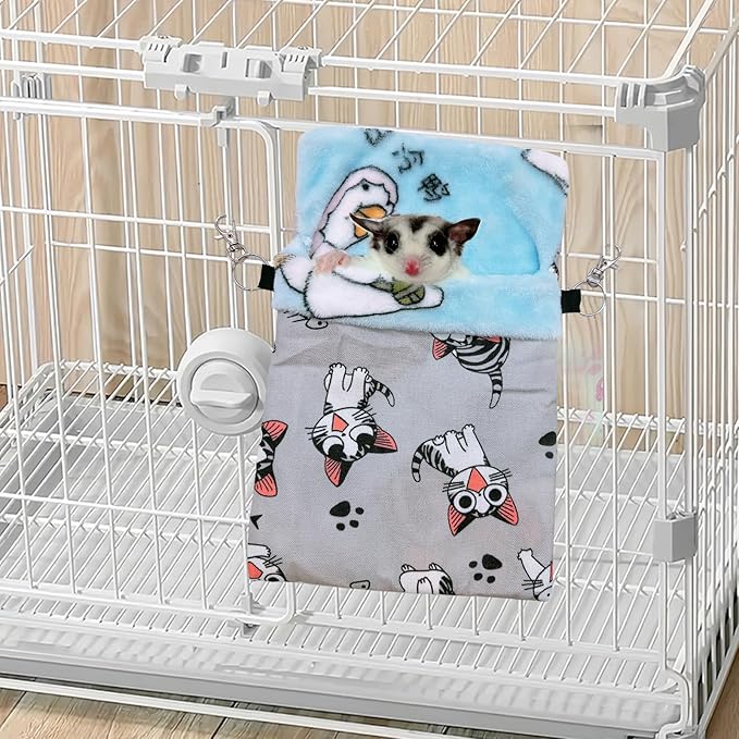 Sugar Gliders Sleeping Pouch Bag Hamster Cotton Hanging Flannel Warm Bed Hideout with Hooks Glove Small Pet Nest Bed for Rat Squirrel Hedgehog,Silver