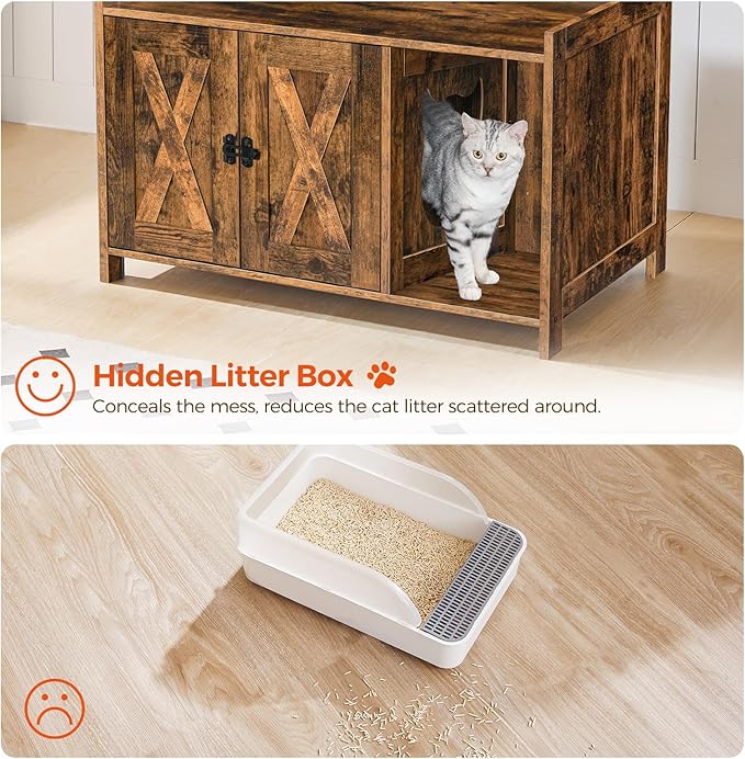 Cat Litter Box Enclosure, Hidden Litter Box Furniture with Divider, Indoor Cats House, Wooden Cat Washroom Storage Cabinet Bench, Side End Table Nightstand, Rustic Brown CWHR2501Z