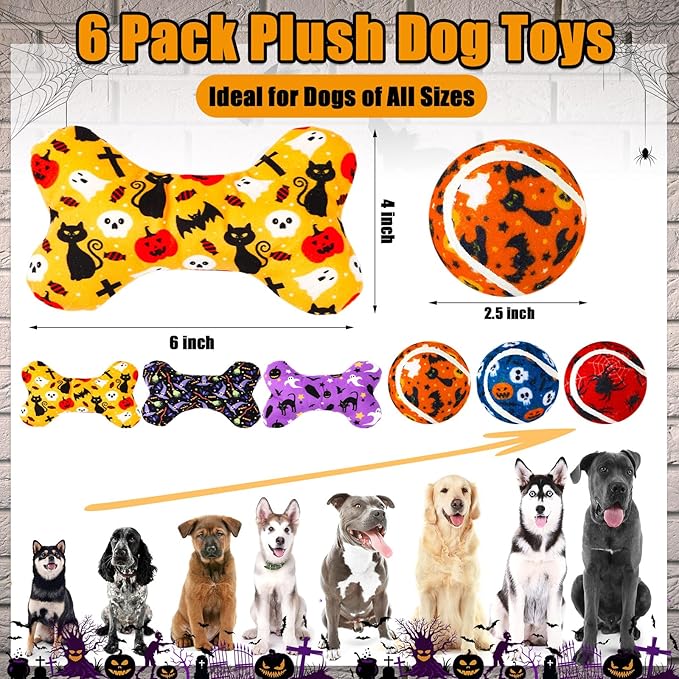 6 Pcs Halloween Dog Toys Puppy Tennis Balls and Squeaky Bone Toys Plush Interactive Pet Toy for Small Medium Large Dog Plush Chew Toy Puppy Training Toss Playing Gift