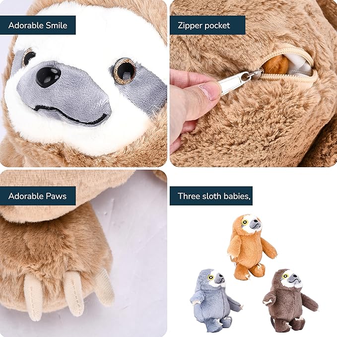 Giant Sloth Stuffed Animal - Ideal Gift for Kids, Adults who are Enthusiasts, Soft, Fluffy Plush and Cuddly Large Sloth with 3 Adorable Baby Sloths - Brown 12.5" x 5.9"