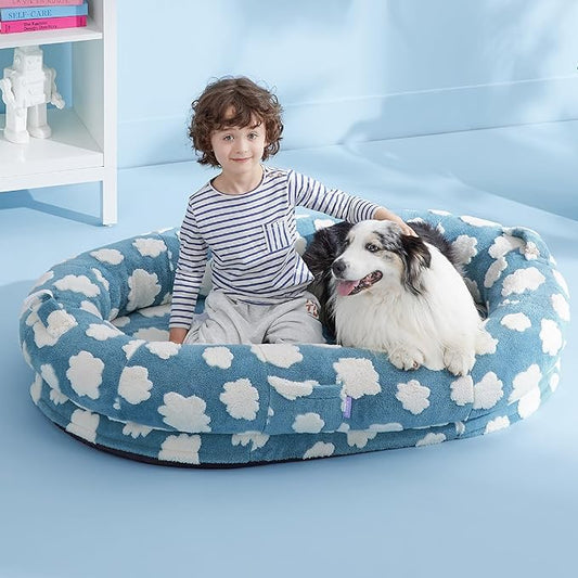 Lesure Human Dog Bed for Adult - Calming Human Size Dog Bed with Egg Foam Supportive Mat and Storage Pocket, Cute Modern Pet Beds with Jacquard Shaggy Plush & Anti Slip Bottom 55x37x10, Blue