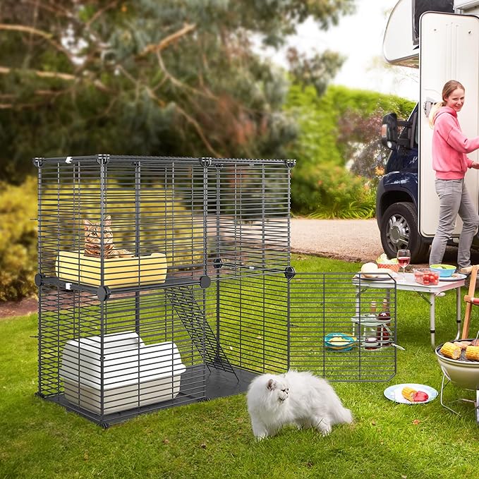 YITAHOME Indoor Cat Cage 2 Tier Kitten Cage House Cat Enclosure Outdoor Small Animal DIY Pet Playpen Detachable Metal Kennel for Ferret Kitty, Bunny, Chinchilla, Squirrel, rv Travel, Camping