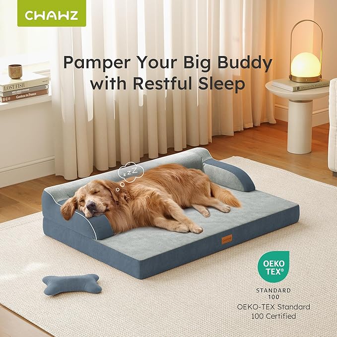 XL Plus Orthopedic Dog Bed, Big Dog Bed for Large Sized Dogs, Dual-Sided Pet Cooling Beds with Memory Foam Washable Cover Nonslip Bottom, Waterproof Pet Couch with Bolster, Dark Grey