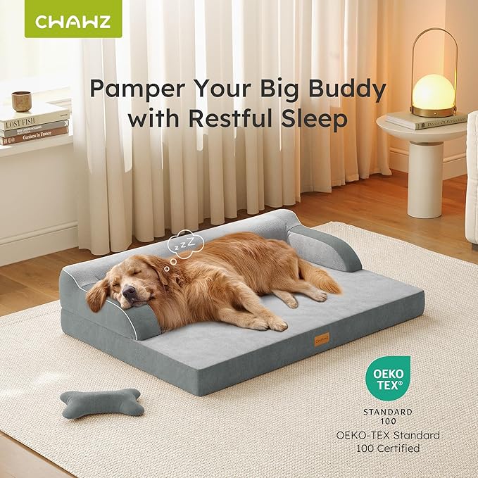XL Plus Orthopedic Dog Bed, Big Dog Bed for Large Sized Dogs, Dual-Sided Pet Cooling Beds with Memory Foam Washable Cover Nonslip Bottom, Waterproof Pet Couch with Bolster, Light Grey