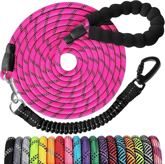 Long Dog Leash 30 FT: Heavy Duty Rope Leashes for Dogs Training with Swivel Lockable Hook Reflective Threads Bungee and Padded Handle - Dog Lead for Large Small Medium Dogs Outside Walking Hiking Pink