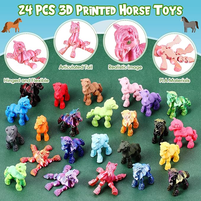 Honoson 24 Pcs 3D Printed Horse Fidget Toy 3D Printed Small Animal Toy Flexible Cute Articulating Pet Stress Relief Fidget Toys for Play and Display