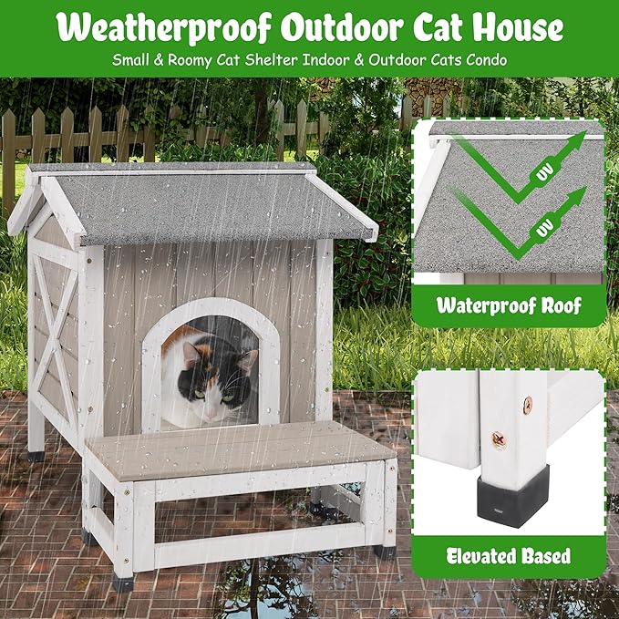 Outdoor Cat House Weatherproof Cats Shelter for Feral Kitten Pet Houses for 1-2 Small Animlas 2 Story Wooden Houses for Indoor Outdoor Cats with Escape Doors (30" L Small Cat House)
