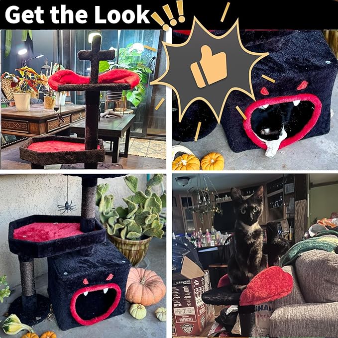 YITAHOME Gothic Cat Tree with Coffin Bed, 38.6" Indoor Cat Tower Featuring Spacious Condo, Spider Hanging Ball, Scratching Post, Black Halloween