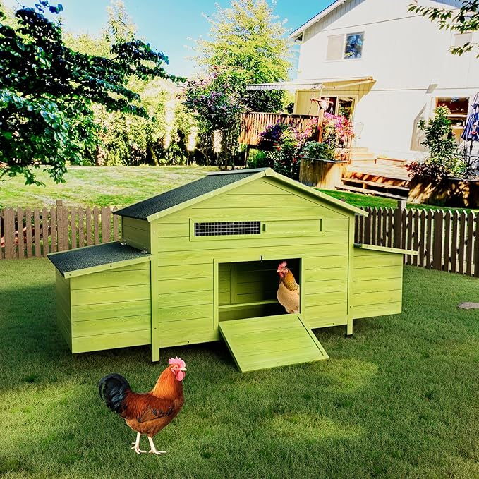11.12 ft² Large Wooden Chicken Coop with 2 Nesting Boxes & Perch – Outdoor Hen House for 3–4 Chickens, Waterproof Poultry Cage with Free-Range Doors & Predator-Proof Locks Green