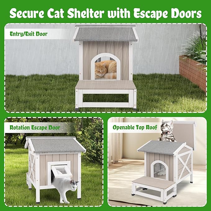 Outdoor Cat House Weatherproof Cats Shelter for Feral Kitten Pet Houses for 1-2 Small Animlas 2 Story Wooden Houses for Indoor Outdoor Cats with Escape Doors (30" L Small Cat House)