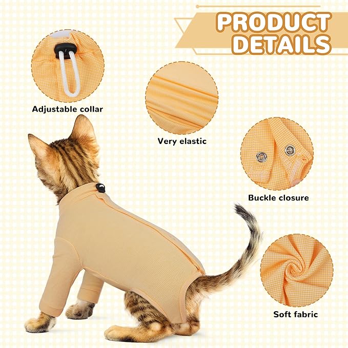 PUMYPOREITY Adjustable Cat Recovery Shirt, Front Leg Injury Suit, Stretchable & Comfortable, Anti-Licking Long Sleeve Wound Cover, Prevents Scratching & Biting, Machine Washable, Orange, S