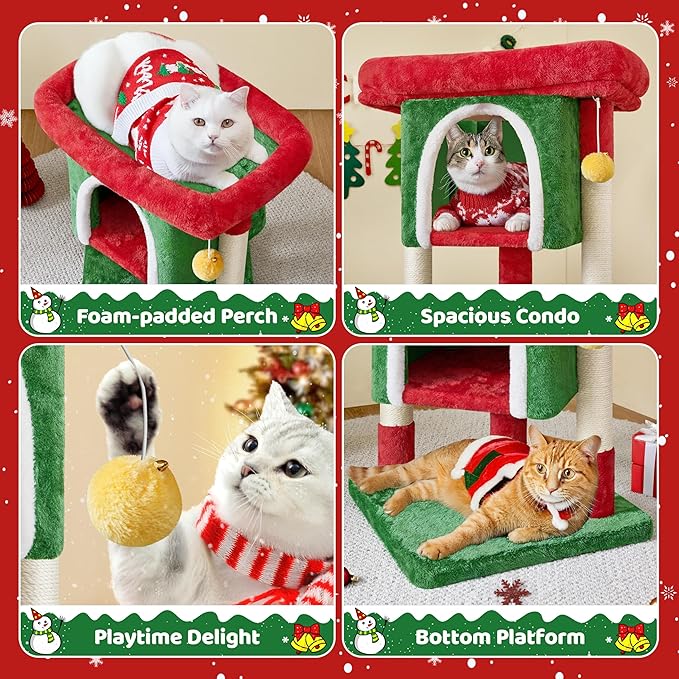 Yaheetech Christmas Themed Cat Tree 23.5in, Cat Tower with Wide Perch, Spacious Condo, Scratching Posts for Large Kitty, Indoor Activity Center Pet Furniture Decoration, Red/Green