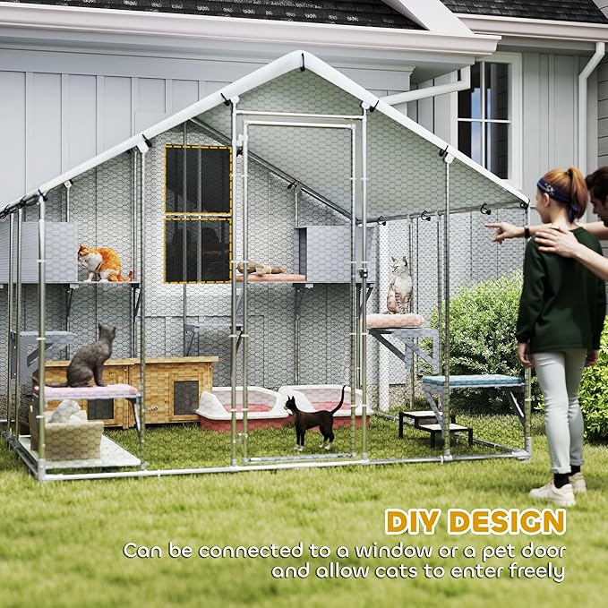 PawHut Catio Outdoor Cat Enclosure, 94.5" Extra Large Walk-in Cat House with Waterproof Cover, 2 Resting Boxes, 7 Jumping Platforms, Chicken Run Coop, Rabbit Hutch, Feral Cat Shelter for Multiple Cats