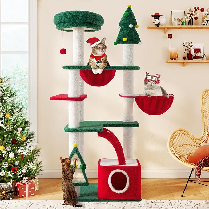 SHA CERLIN 67in Tall Cat Tree/Climbing Tower with Top Perch, Hammock, Sisal Scratching Posts/Cute Condo for Indoor Kitties/Pet Feline House/Activity Center/Christmas Decor/Green & Red
