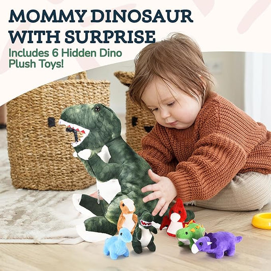 Dinosaur Stuffed Animal – Soft and Snuggly Dino Plush Toy Set – Includes 1 Large Dinosaur Plush with 6 Baby Dino Plushies – Super Soft, Skin-Friendly, and Non-Fade Cuddly Stuffed Animals