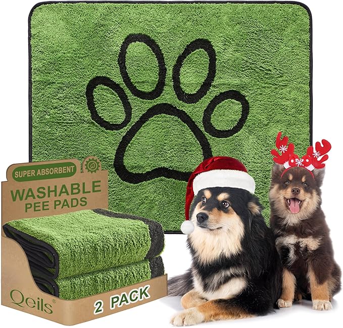 Qeils Reusable Dog Pee Pads, 2 Pack Super Absorbent & Leakproof Washable Puppy Pads with Soft Green Top Layer, for Potty Training, Crates, Couch, Car Seats & Pet Beds, 36"x 41"
