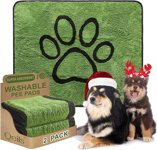 Qeils Reusable Dog Pee Pads, 2 Pack Super Absorbent & Leakproof Washable Puppy Pads with Soft Green Top Layer, for Potty Training, Crates, Couch, Car Seats & Pet Beds, 36"x 41"