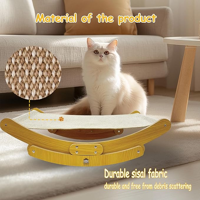 Sisal Cat Scratcher for Indoor Cats, Rocking Beds and Fixed Beds 2-IN-1Cat Hammock for Scratching Pad Cat Bed, Include 2 pcs Nartural Sisal Mats for Large Cats Scratcher Lounge, Wooden Cat Furniture