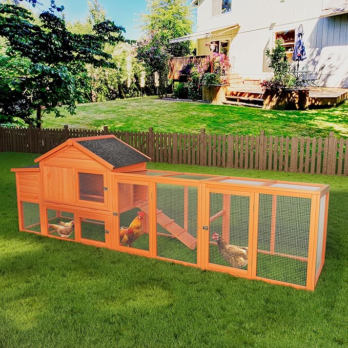 113.5" Large Wooden Chicken Coop with Run – Outdoor Hen House for 2-4 Chickens, Waterproof Roof, Nesting Box, Ramp & Perch, Predator-Proof, Removable Tray, Secure & Durable Natural