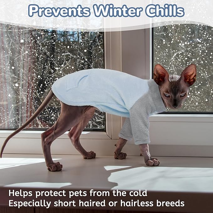 PUMYPOREITY Turtleneck Sweater for Sphynx Cat, Soft Coral Fleece Cat Clothes, Thick Winter Warm Outfit Coat with Sleeves, XL, Blue