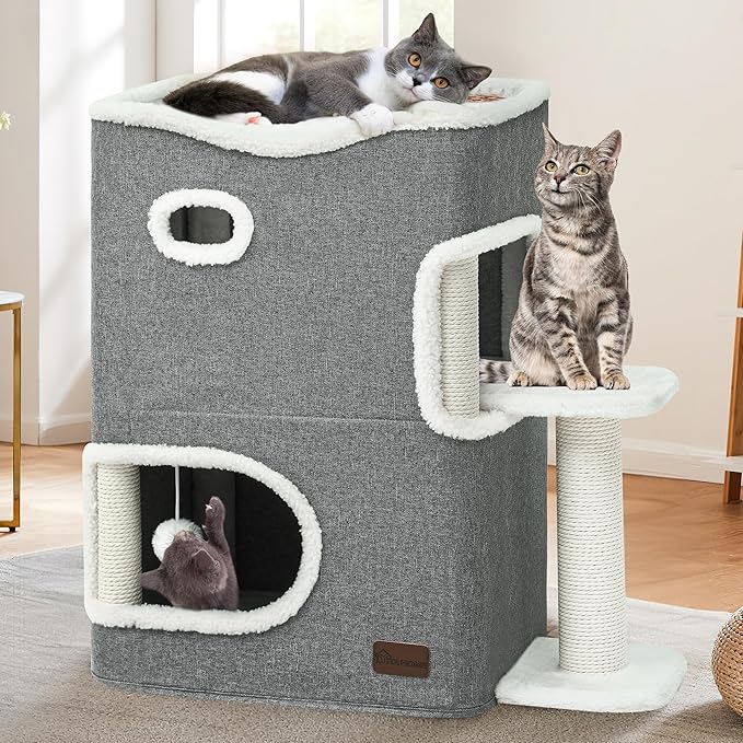 YITAHOME 2-Tier Cat House, Indoor Cat Cave Bed Playhouse, Covered Cat Beds & Furniture with Scratch Pad and Hideaway Cave, Cute Modern Cat Condo Furniture for Multi Small Cats, Grey