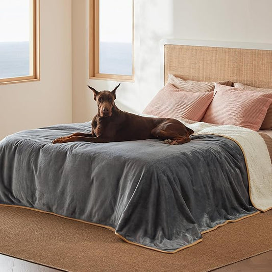 Bedsure Waterproof Blanket for Bed Intimacy- Sherpa Fleece Waterproof Dog Blankets for Large Dogs, Pet Blankets for Bed/Couch, Soft Plush Reversible Furniture Protector, King Size, 108"x86", Grey