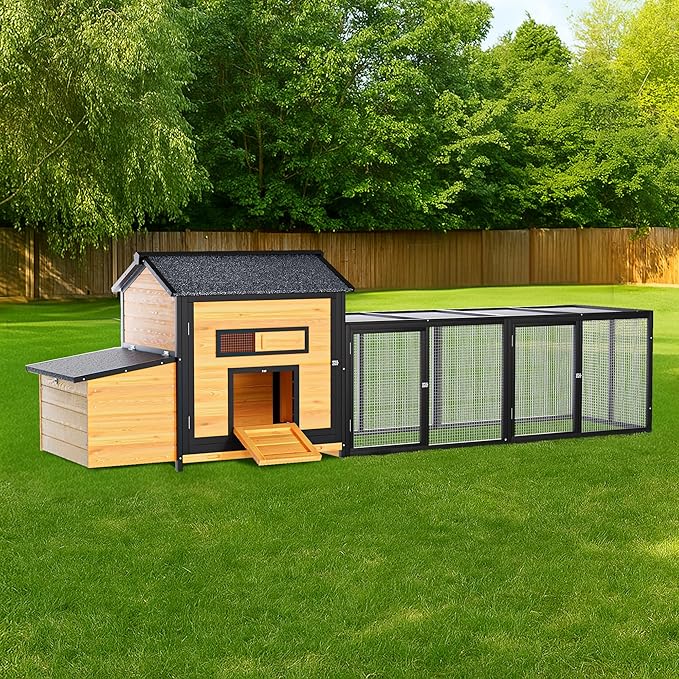118" Extra Large Wooden Chicken Coop Outdoor Hen House with Dual Nesting Box, Leak-Proof Pull-Out Tray & Asphalt Roof – Predator-Proof Backyard Poultry Cage for Chickens and Small Farm Use Natural