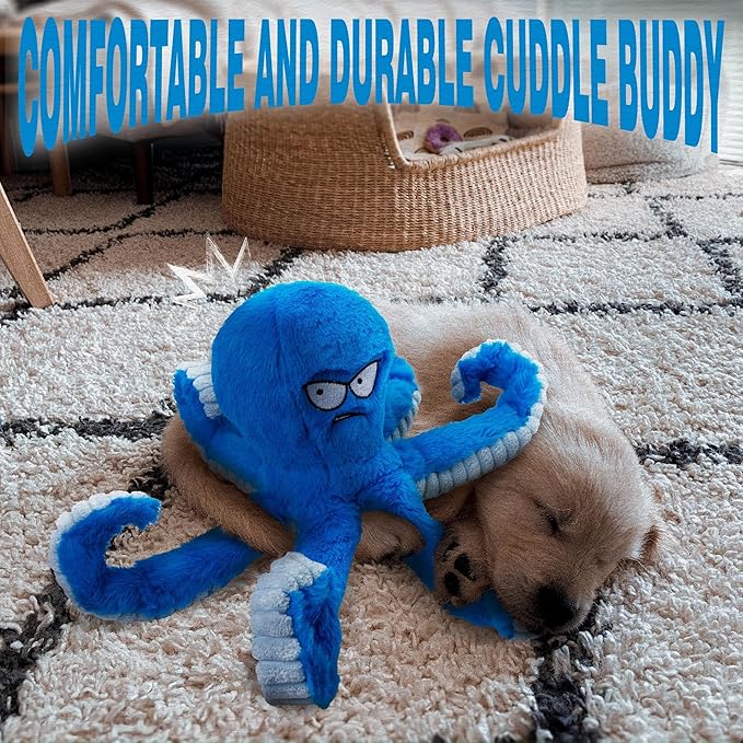 LEGEND SANDY Tough Dog Toys, Stuffed Chew Large Dog Toys to Keep Them Busy, Interactive Squeaky Tug of War Doggie Toy, Crinkle Blue Octopus
