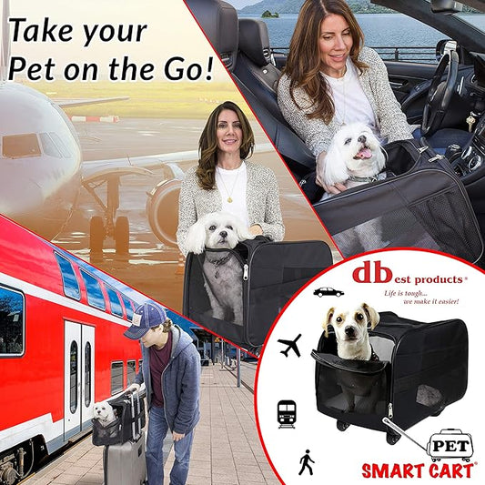 dbest products Smart Cart Pet Carrier with Wheels, Airline Approved Dog and Cat Carrier with Telescoping Handle, 21x12x12in, 24 lb Capacity, Black