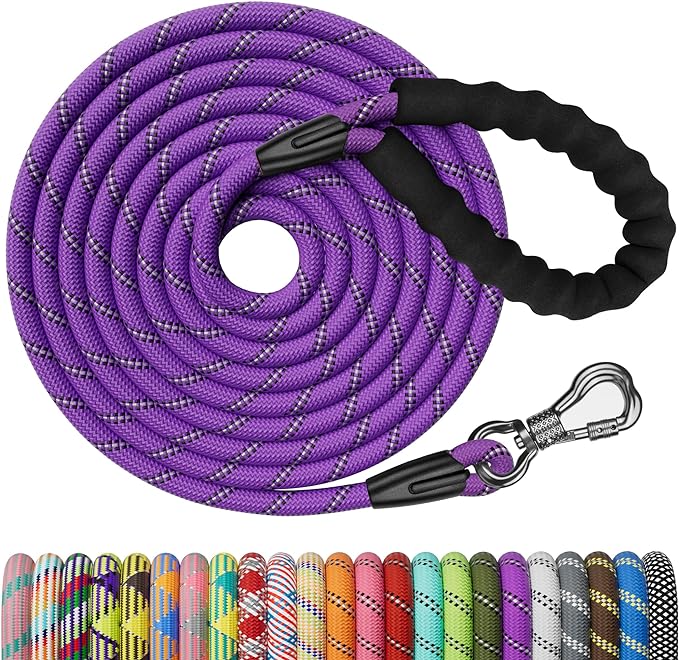 NTR Long Dog Leash, 70FT Check Cord with with Swivel Lockable Hook, Reflective Threads and Padded Handle for Purple Leash for Small Medium Large Dog Walking Training Hiking Camping Playing
