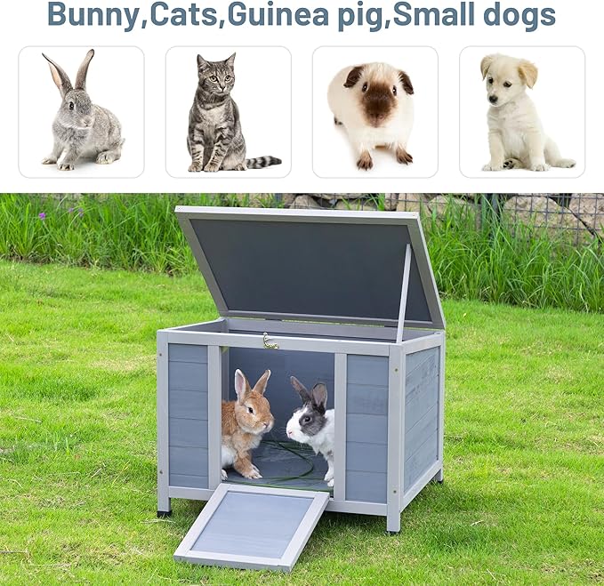 COZIWOW 24in Wooden Cat House Outdoor & Indoor Pet Shelter with Foldable Ramp - Weatherproof Rabbit Hutch with Unique Machine-Printed Art Designs for Cat, Rabbit, Guinea Pig (Grey)